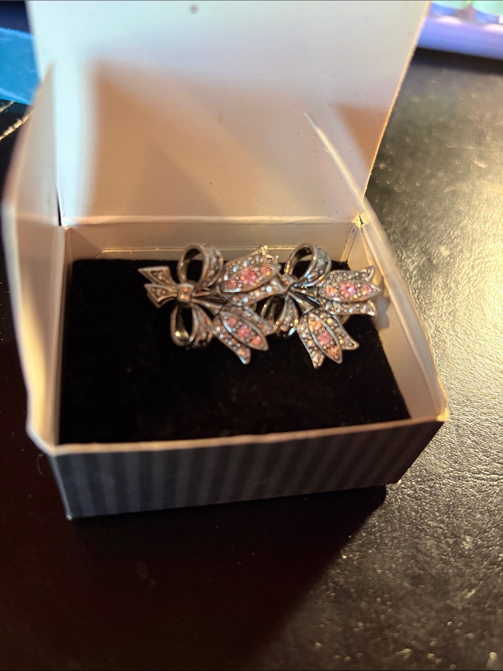 Avon Silver-Tone Bow Brooch with Pink Crystals